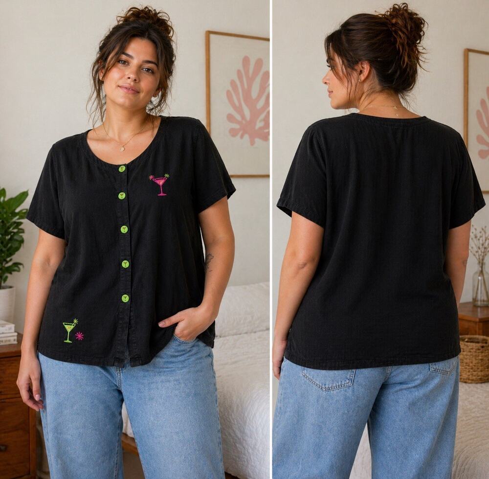 Vintage Natalie & Me 2X Linen Martini Button Front Top Black Pink Artsy Cocktail